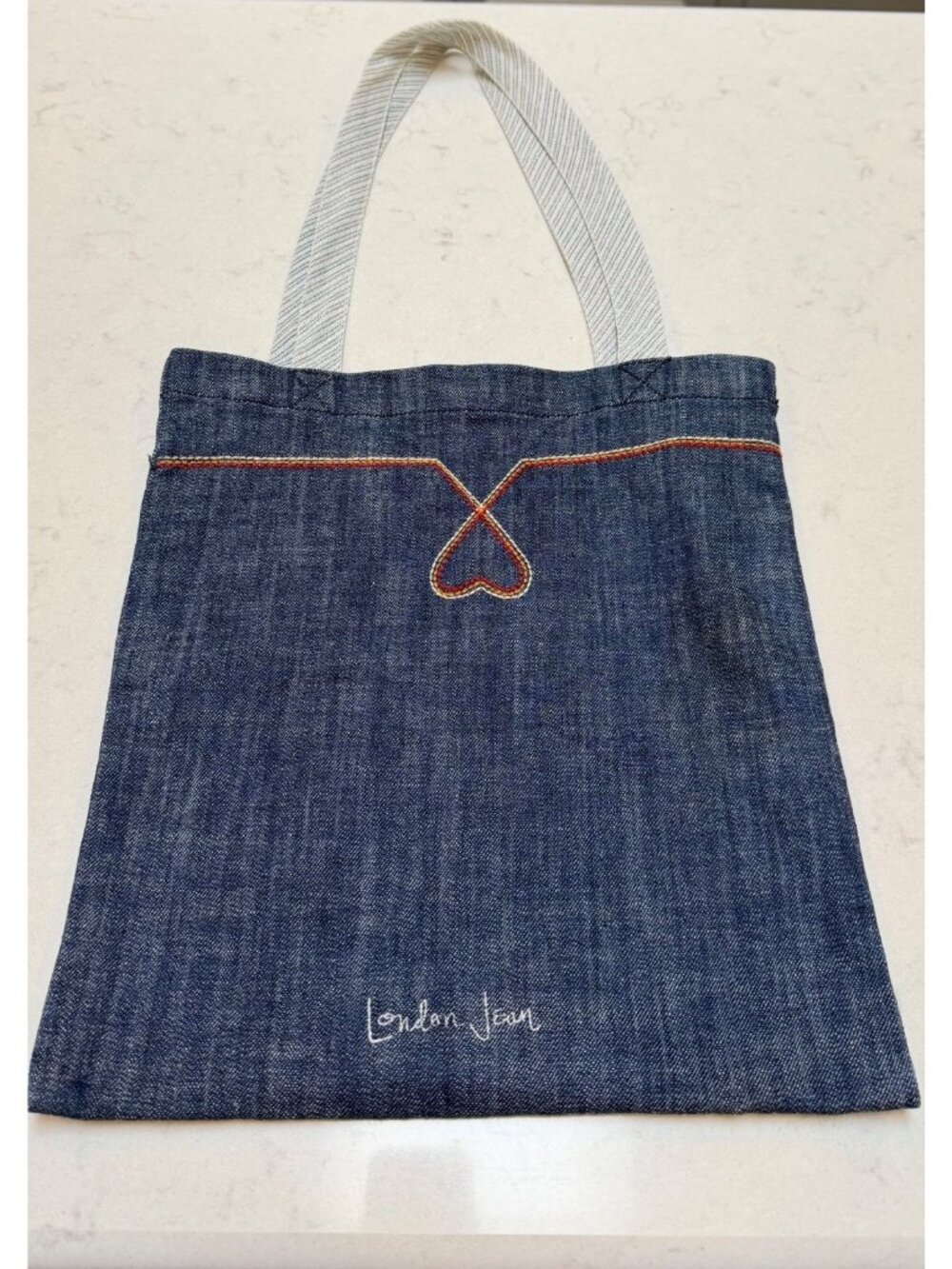 London Jean Heart Stitch Denim Tote Bag Blue Cotton Spandex Casual Carryall